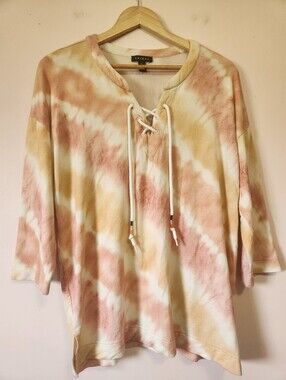 Tribal Earth Tone Diagonal Tie Dye French Terry Lace Up Top Size L EUC Boho